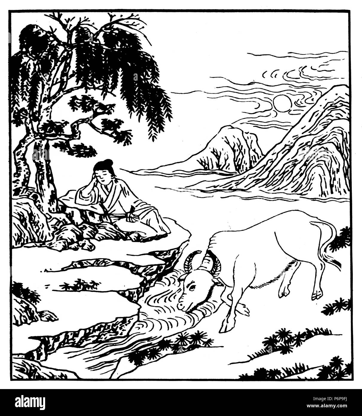 The Ten Oxherding Pictures by Puming (Fumyo), an unknown author. Stage 7 : Laissez faire. The master sleeps while the tamed ox drinks water from a riv Stock Photo