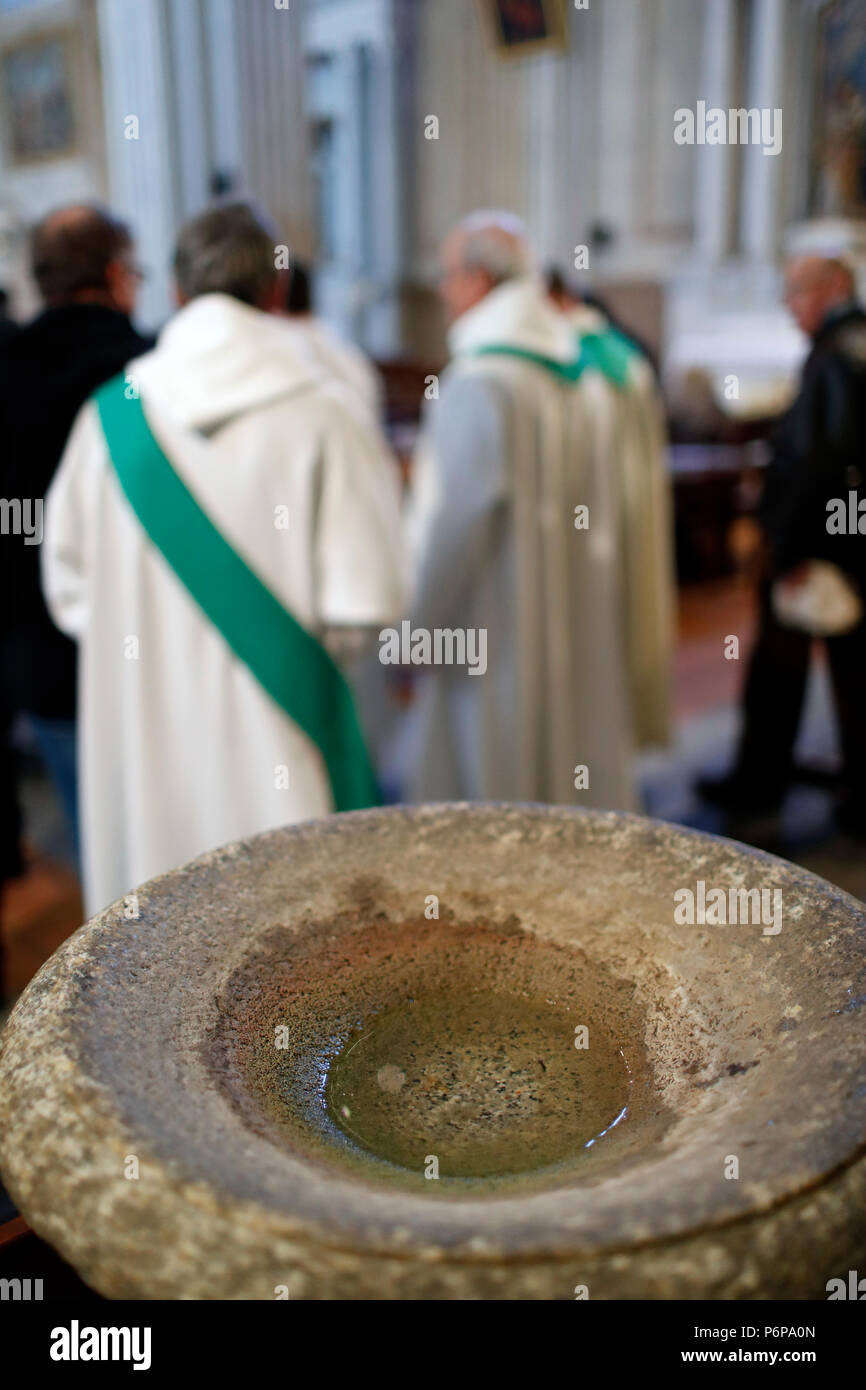 Saint-Jacques church.  Catholic mass.  Holy water font. Sallanches. France. Stock Photo