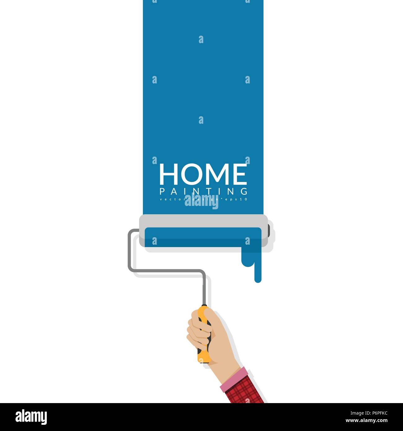 paint roller in hand painting blue color on empty wall with word HOME and copy space for your text or company name. house painting service, decor and  Stock Vector