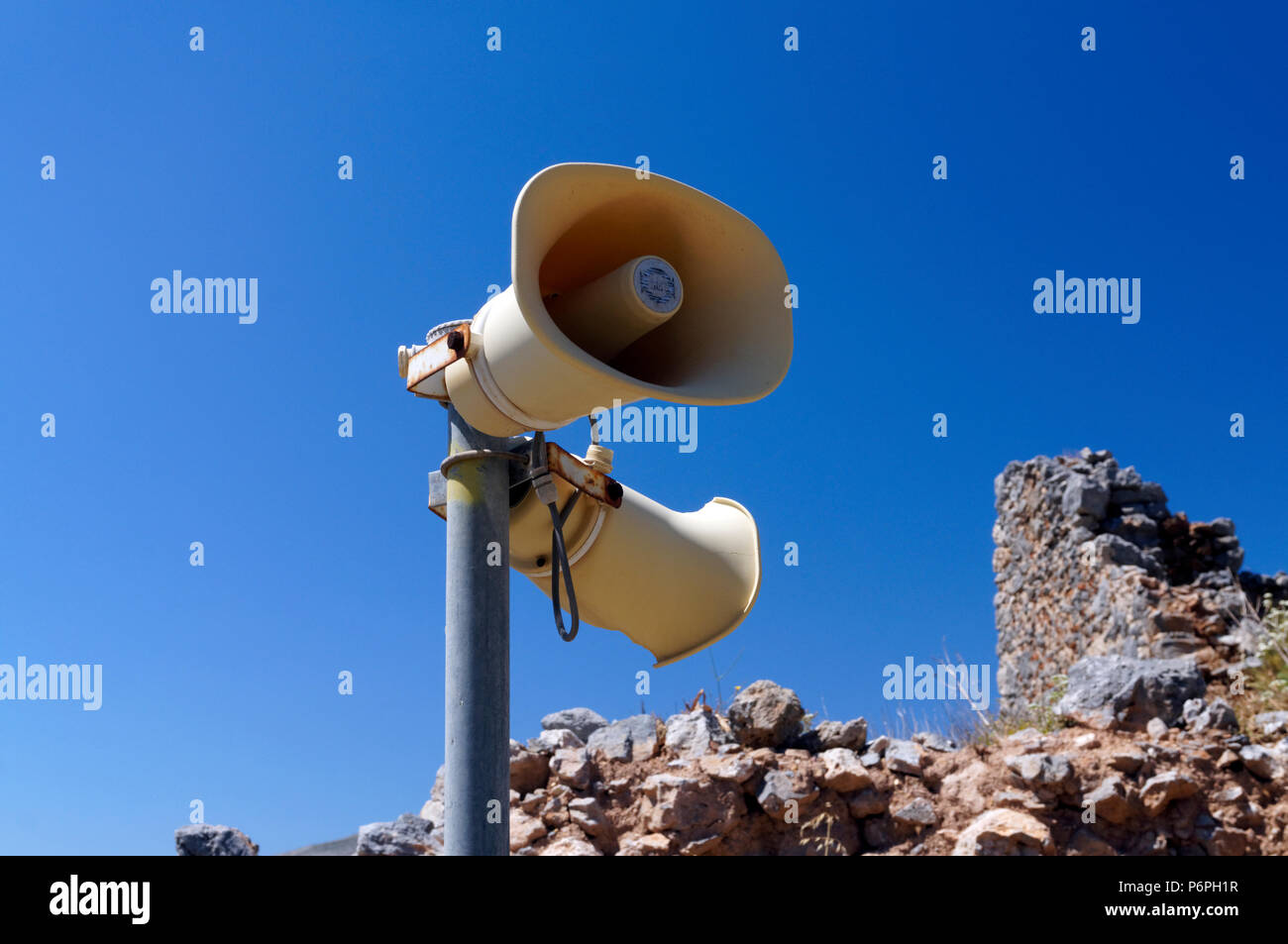 Loud speakers, Castle of Chora, Kalymnos or Kalimnos, Dodecanese Islands, Greece. Stock Photo