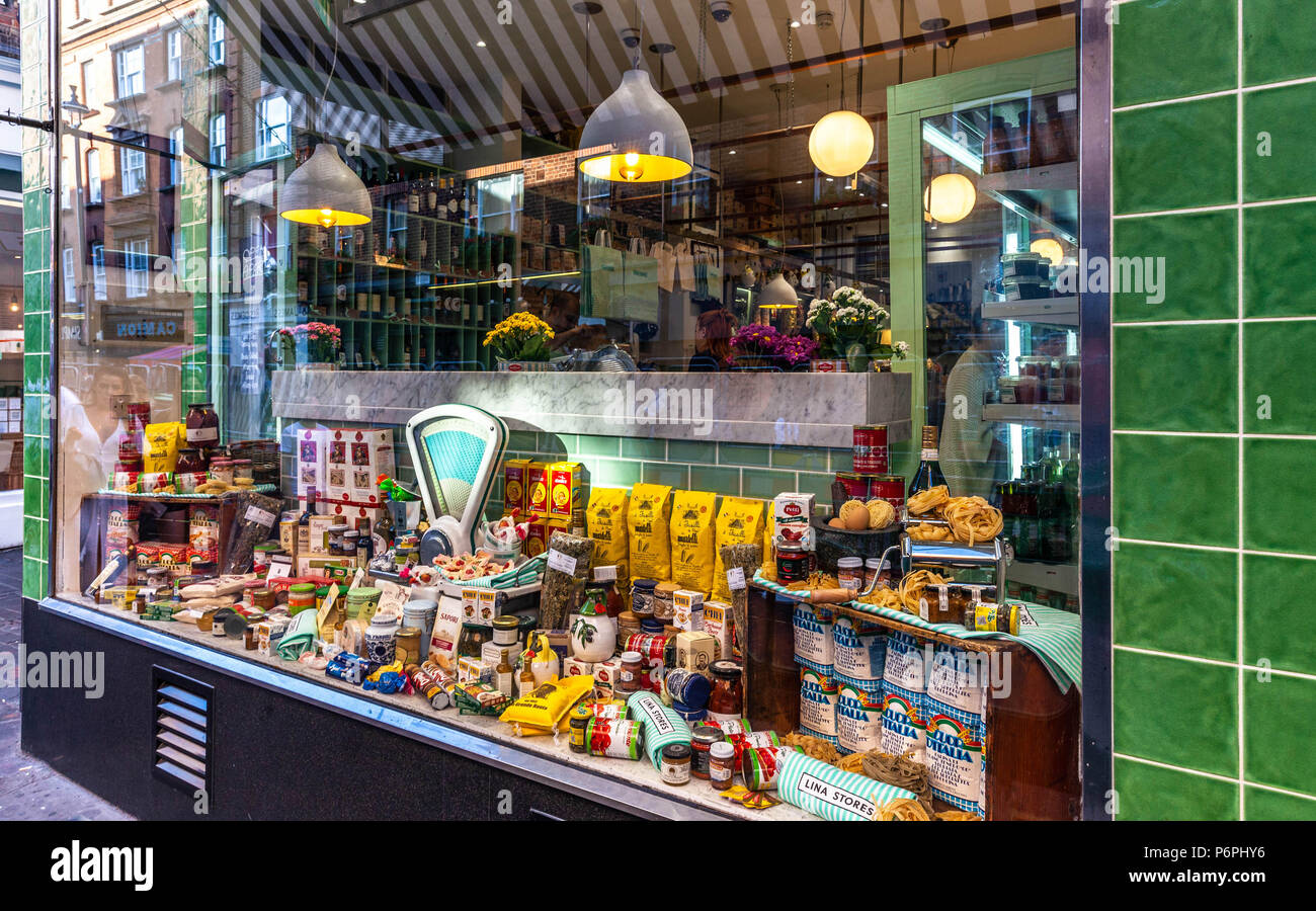 Lina stores Ltd. shop window, Italian delicatessen, Brewer Street, Soho, London, England, UK