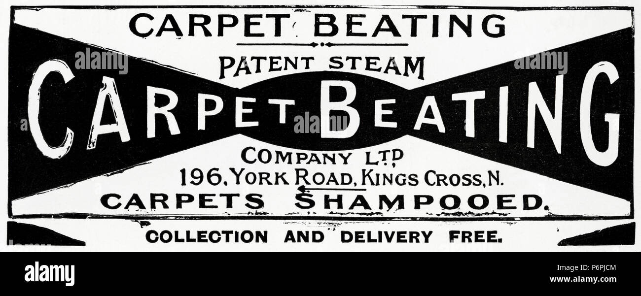 Early 20th century old vintage original antique advert advertising carpet beating and shampooed by Patent Steam Company Ltd of Kings Cross London England UKin English magazine circa 1910 Stock Photo