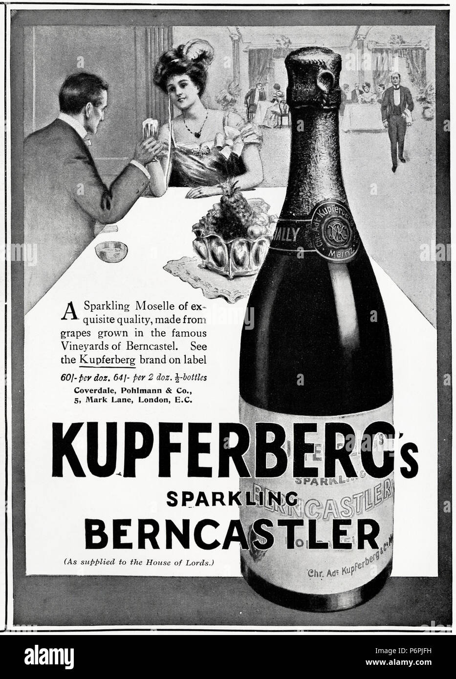 Early 20th century old vintage original antique advert advertising Kupferberg sparkling Berncastler in English magazine circa 1910 Stock Photo