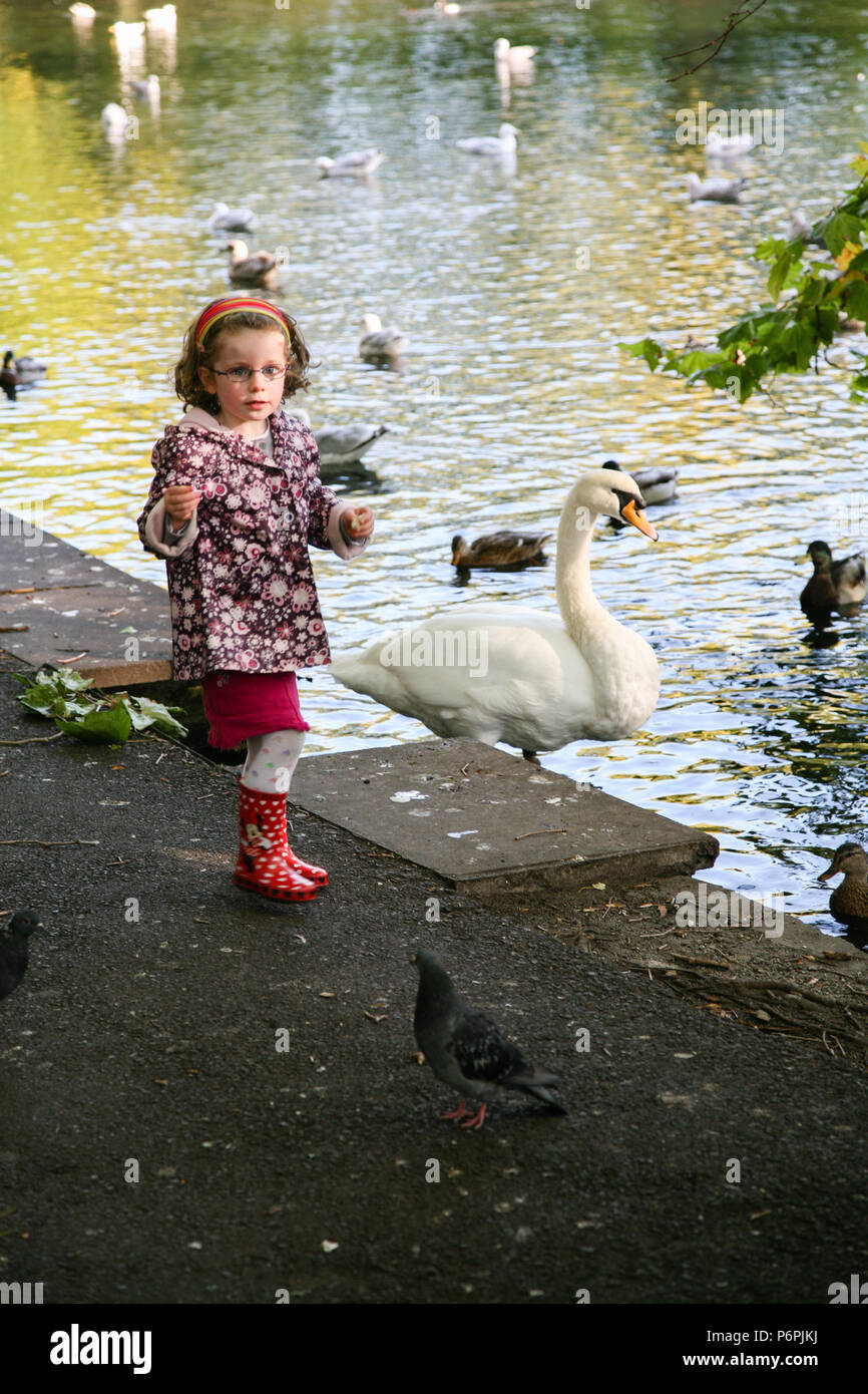 Young girl in red wellington boots playing in the park feeding the birds in Autumn, Dublin, Ireland, Europe. Stock Photo