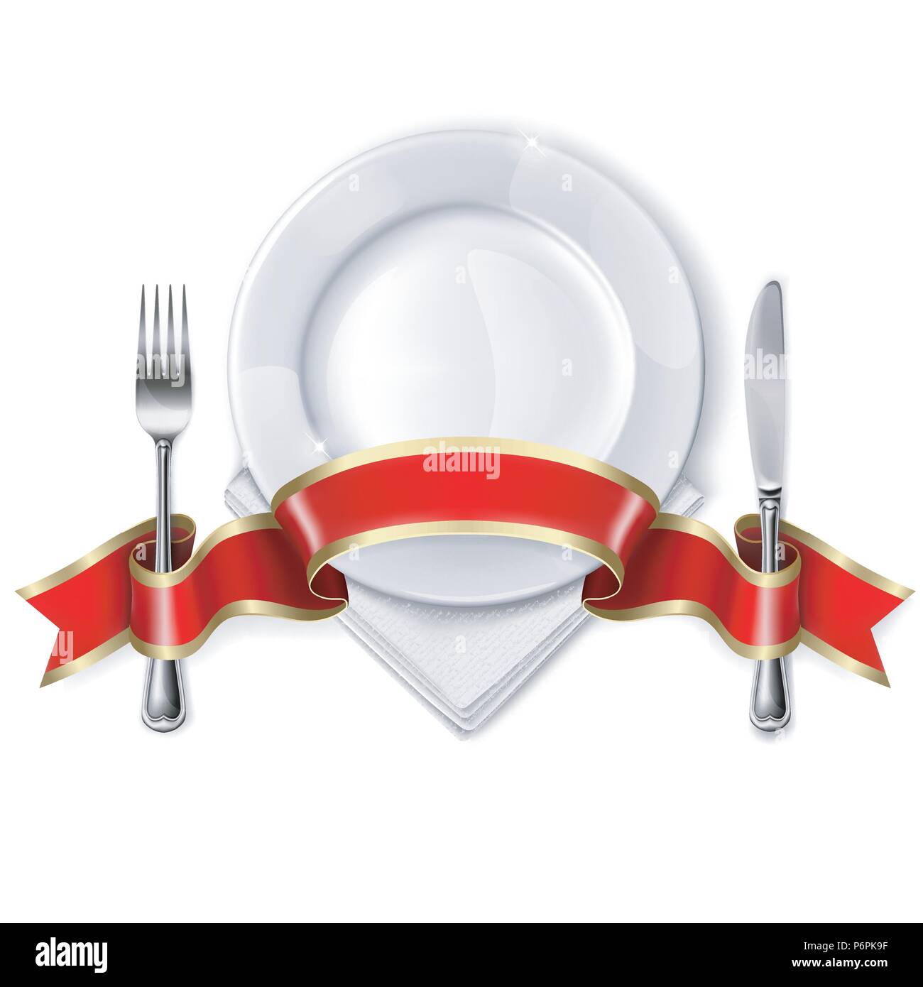 Empty plate with ribbon, spoon, knife and fork on a white background ...
