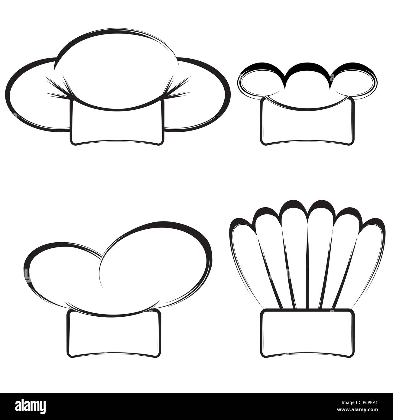 Collection of chef's hats on a white background.Black and white Stock Vector