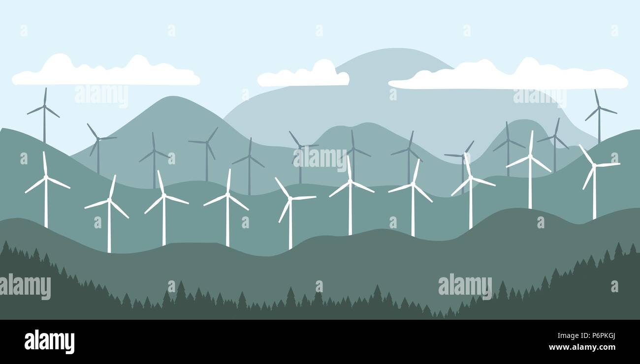 Renewable energy source - wind turbine landscape vector illustration ...