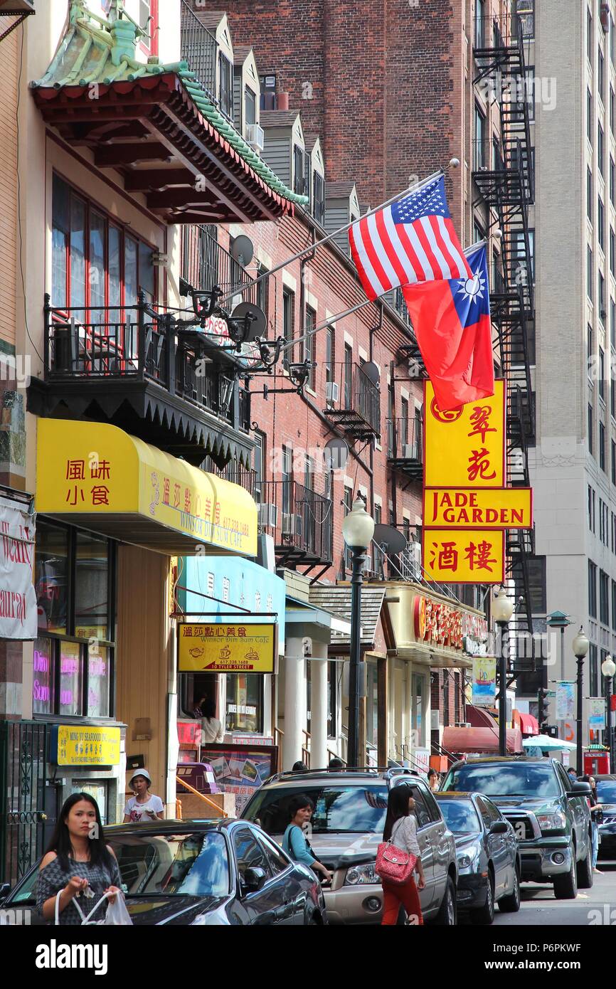 BOSTON - JUNE 8: People visit Chinatown on June 8, 2013 in Boston. Boston's Chinatown is the only surviving Chinatown district in New England region o Stock Photo