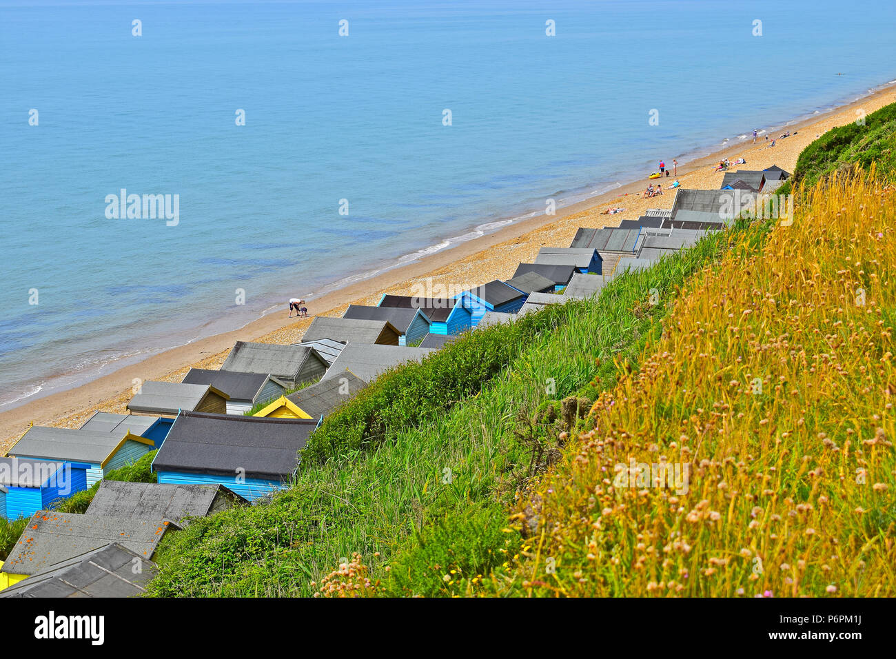 A clifftop view of the pebbly beach at Milford on Sea, Hampshire, with