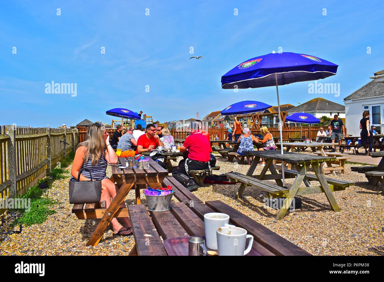 People relaxing at outside benches of seafront café on a warm summer's day with a seagull flying overhead. Wooden picnic tables with open  sunshades. Stock Photo