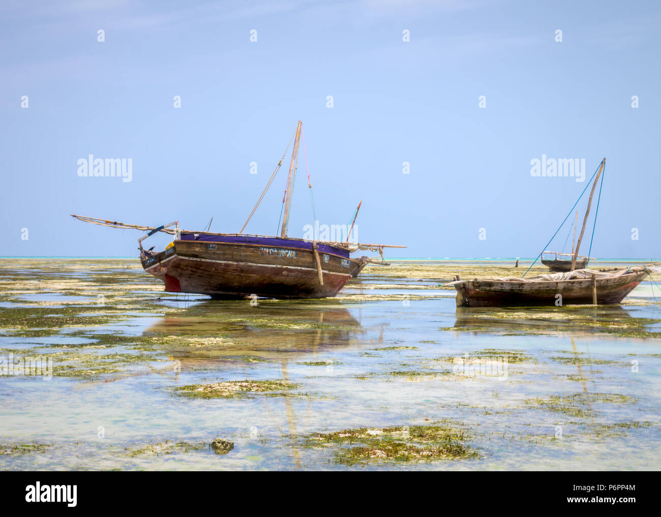 Zanzibar fishing dhow traditional sailing , fishing boats stranded at low tide on the coastline of Zanzibar Stock Photo