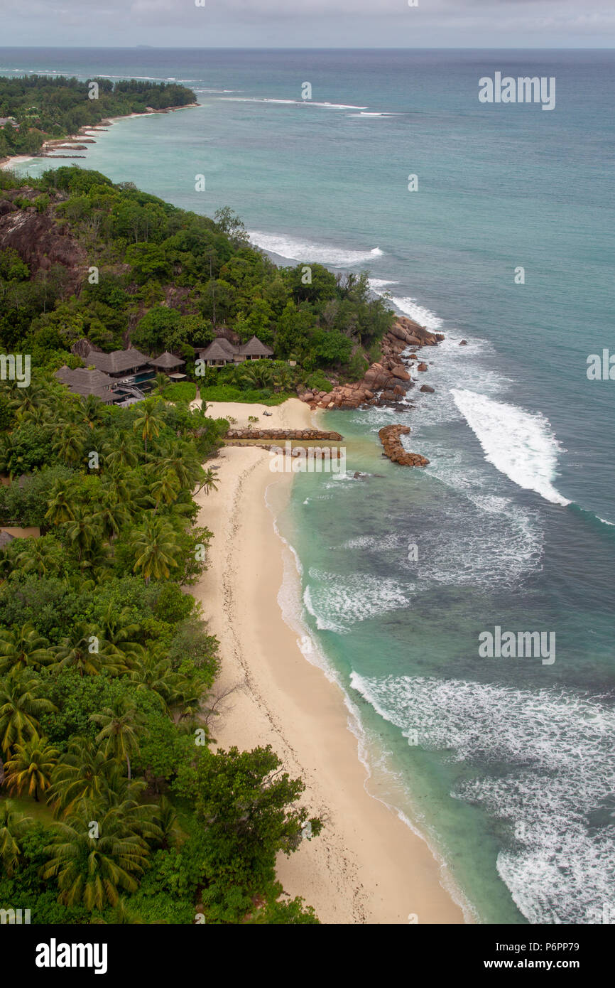 Aerial view of the luxury hotel Constance Lemuria on Praslin, Seychelles in the Indian Ocean. Stock Photo