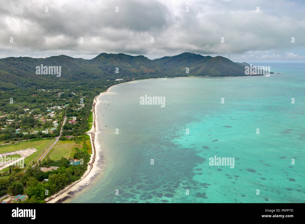 Aerial view of the Grande Anse on Praslin, Seychelles in the Indian Ocean. Stock Photo