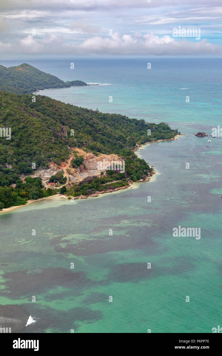 Aerial view of the Anse Citron on Praslin, Seychelles in the Indian Ocean. Stock Photo