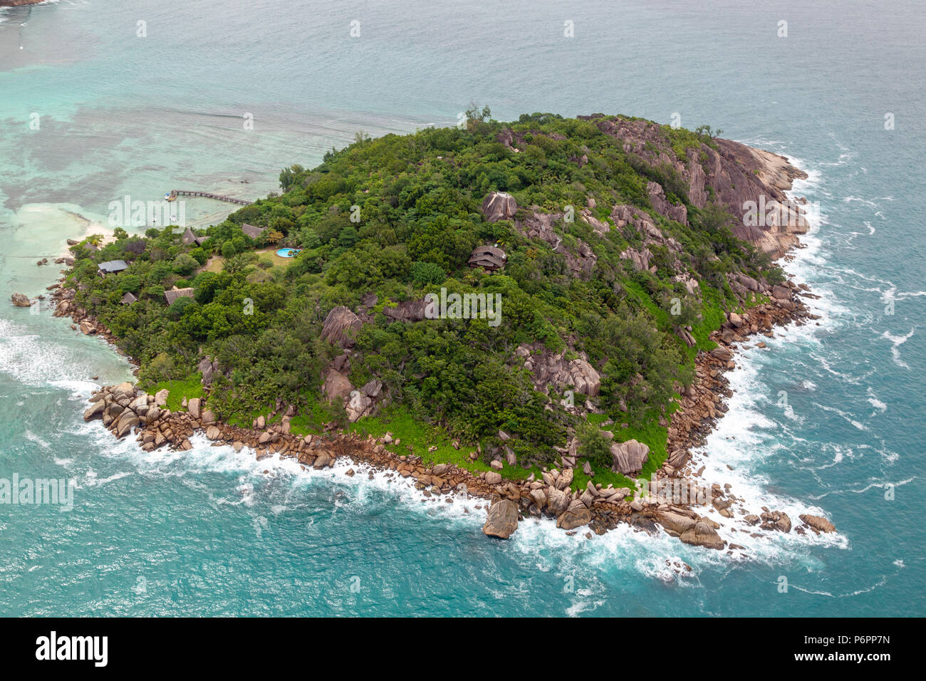 Aerial view of the small island Ile Ronde near Praslin, Seychelles in the Indian Ocean. Stock Photo