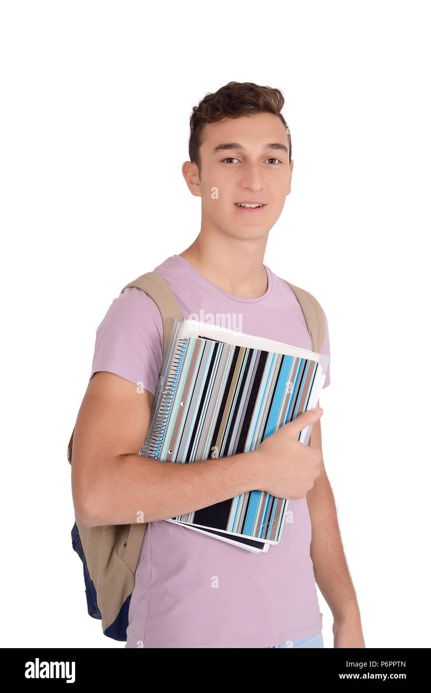 Portrait of happy smiling student with notebook and bag. Isolated on ...