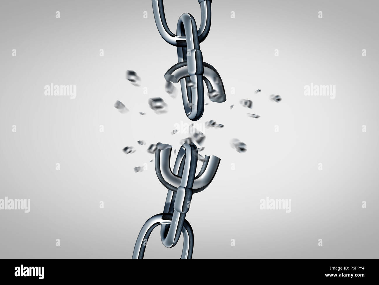 Broken chain concept and link disconnect business symbol as metal links breaking apart as a 3D render. Stock Photo