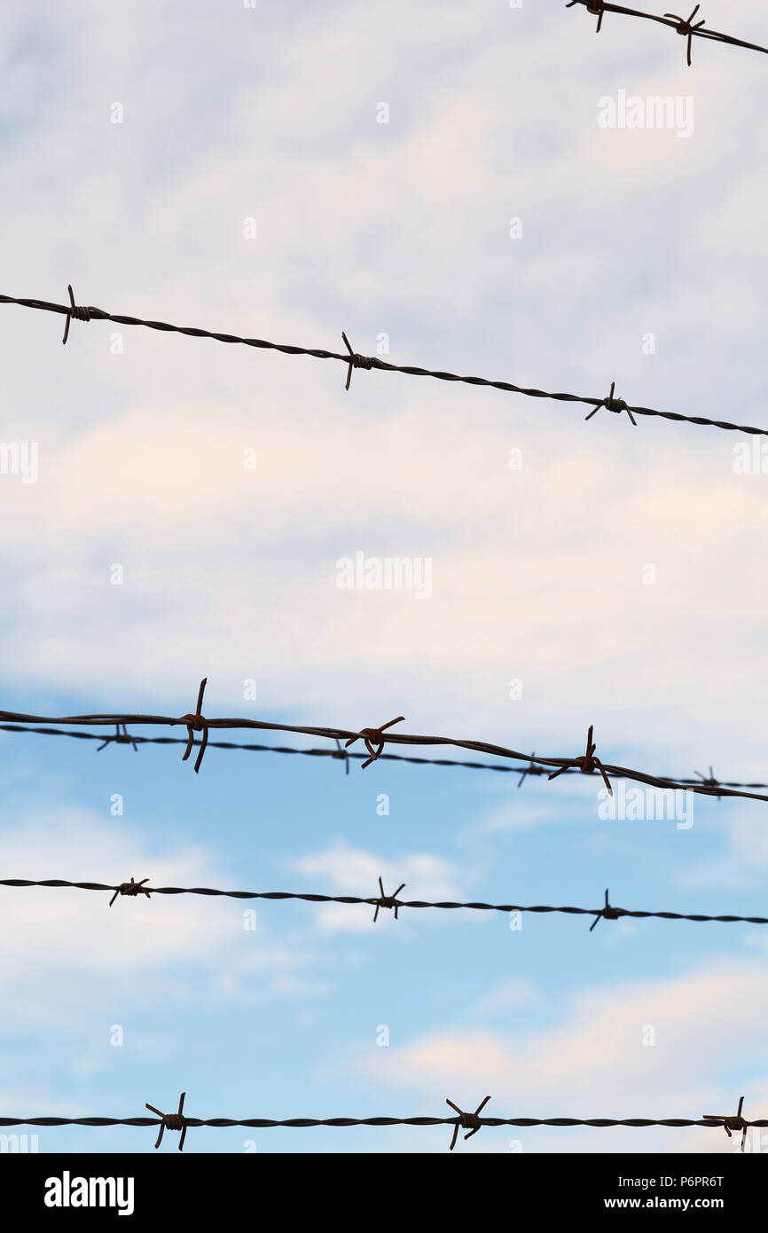 Fence of barbed wire against blue sky with clouds Stock Photo - Alamy