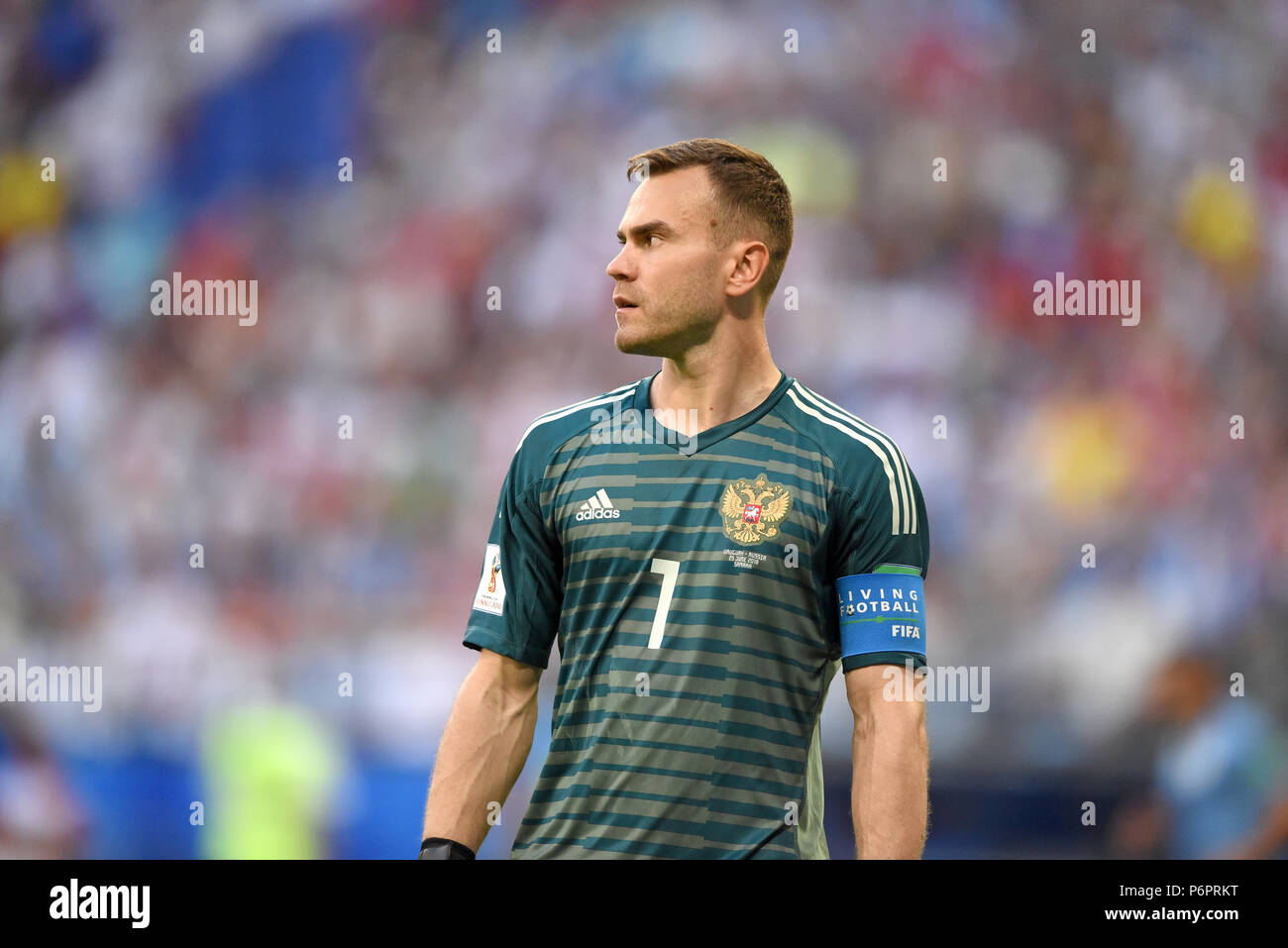 Samara, Russia - June 25, 2018. Russian goalkeeper Igor Akinfeev during FIFA World Cup 2018 match Uruguay vs Russia. Stock Photo