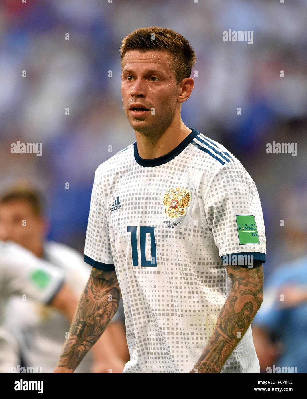 Samara, Russia - June 25, 2018. Russian striker Fedor Smolov during FIFA World Cup 2018 match Uruguay vs Russia. Stock Photo