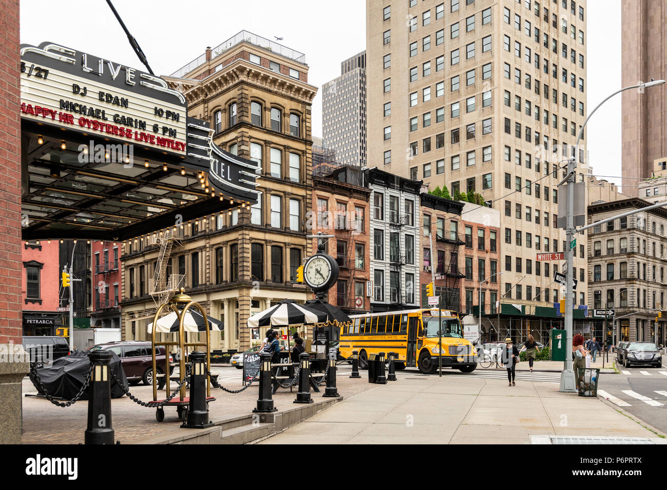 New York City / USA - JUN 27 2018: TriBeCa streets, and buildings facade, store, restaurant and cafe and apartments in Manhattan Stock Photo