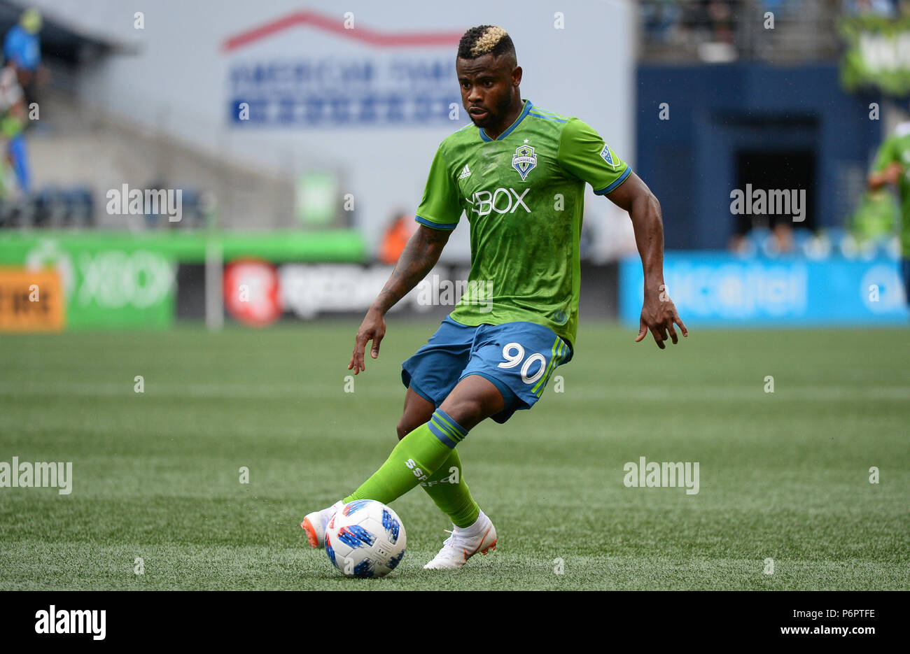 Seattle, Washington, USA. 30th June, 2018. The Sounders WAYLON FRANCIS (90) in action as the Portland Timbers play the Seattle Sounders in a Western Conference match at Century Link Field in Seattle, WA. Credit: Jeff Halstead/ZUMA Wire/Alamy Live News Stock Photo