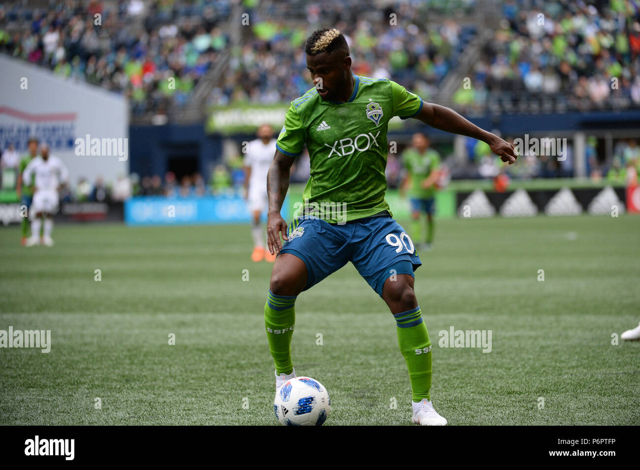 Seattle, Washington, USA. 30th June, 2018. Sounder WAYLON FRANCIS (90) in action as the Portland Timbers play the Seattle Sounders in a Western Conference match at Century Link Field in Seattle, WA. Credit: Jeff Halstead/ZUMA Wire/Alamy Live News Stock Photo