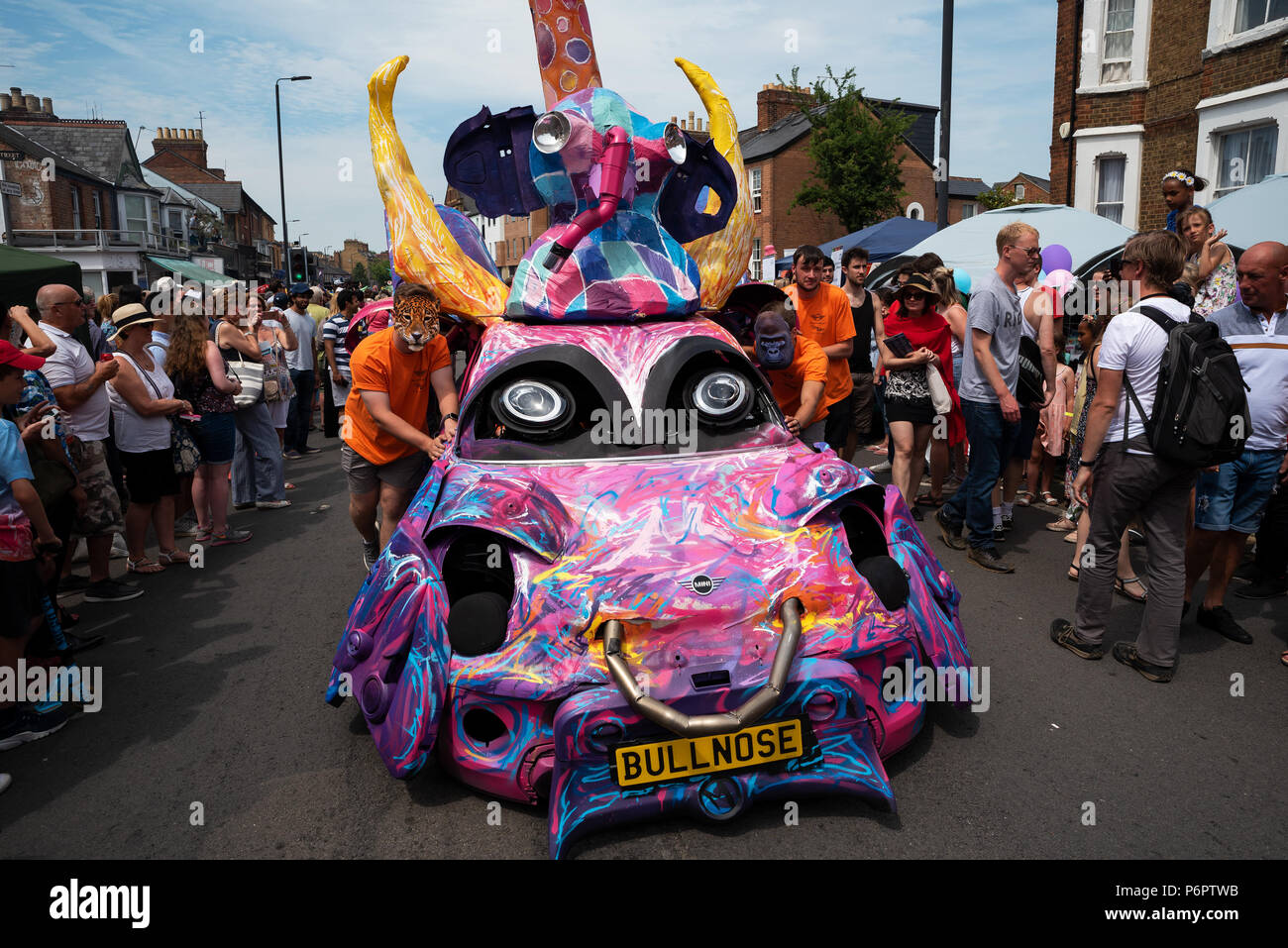 Oxford, UK. 1st July 2018. The annual Cowley Road Carnival was estimated to have drawn in 50,000 revellers to East Oxford. The hot and sunny day reached 28 degrees. This years parade theme was based upon Ôicons of artÕ. The carnival was organised by charity Cowley Road Works. Credit: Stephen Bell/Alamy Live News. Stock Photo