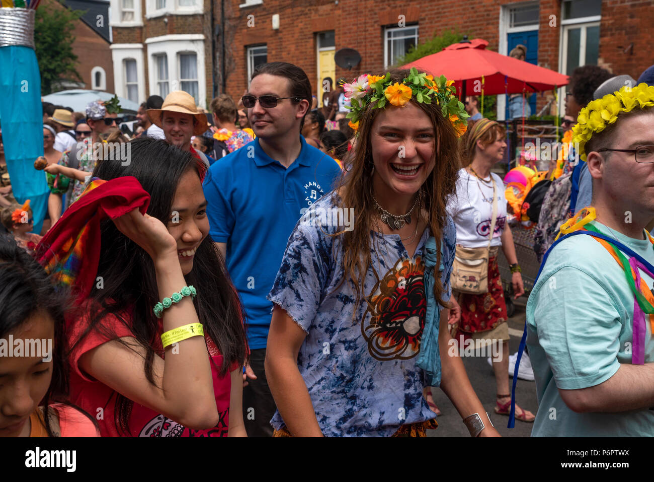 Oxford, UK. 1st July 2018. The annual Cowley Road Carnival was estimated to have drawn in 50,000 revellers to East Oxford. The hot and sunny day reached 28 degrees. This years parade theme was based upon ‘icons of art’. The carnival was organised by charity Cowley Road Works. Credit: Stephen Bell/Alamy Live News. Stock Photo