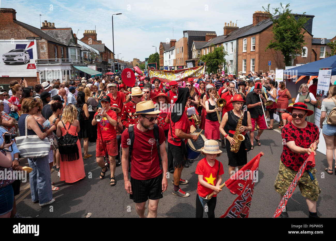 Oxford, UK. 1st July 2018. The annual Cowley Road Carnival was estimated to have drawn in 50,000 revellers to East Oxford. The hot and sunny day reached 28 degrees. This years parade theme was based upon â€˜icons of artâ€™. The carnival was organised by charity Cowley Road Works. Credit: Stephen Bell/Alamy Live News. Stock Photo