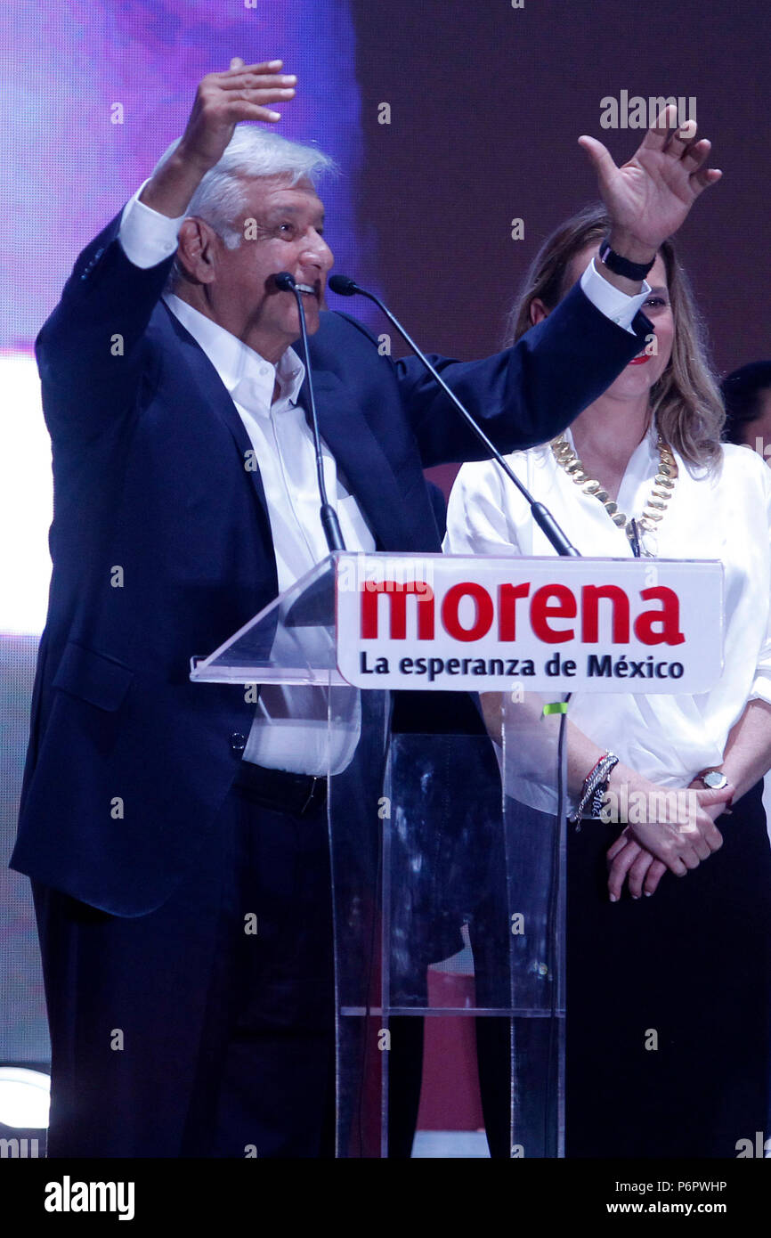 Mexico City, Mexico. 2nd July, 2018. Mexico's presidential candidate for the coalition 'Together We Will Make History' Andres Manuel Lopez Obrador (L) gives a speech at Zocalo Square in Mexico City, capital of Mexico, on July 2, 2018. Leftist candidate Andres Manuel Lopez Obrador has topped his rivals with 43.93 percent of votes, early result for the presidential elections in Mexico showed Sunday night. Credit: Ricardo Aldayturriaga/Xinhua/Alamy Live News Stock Photo
