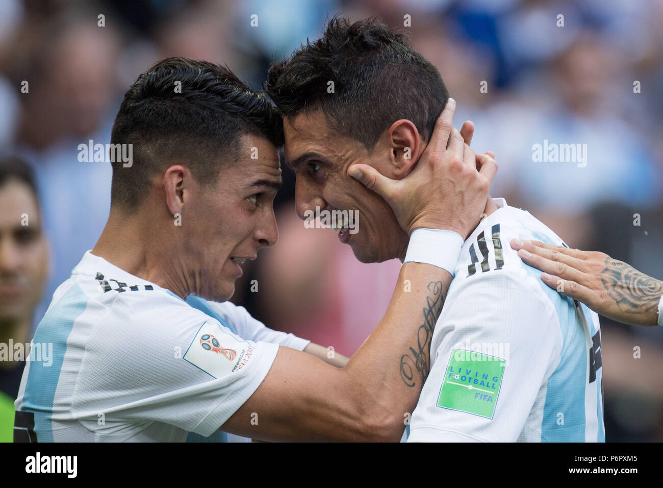 Cristian PAVON (left, ARG) and goalkeeper Angel DI MARIA (ARG) cheers over the goal to make it 1-1 for Argentina, jubilation, cheering, cheering, joy, cheers, celebrate, goaljubel, bust, France (FRA) - Argentina (ARG) 4: 3, Round of 16, Game 50, on 30.06.2018 in Kazan; Football World Cup 2018 in Russia from 14.06. - 15.07.2018. | usage worldwide Stock Photo