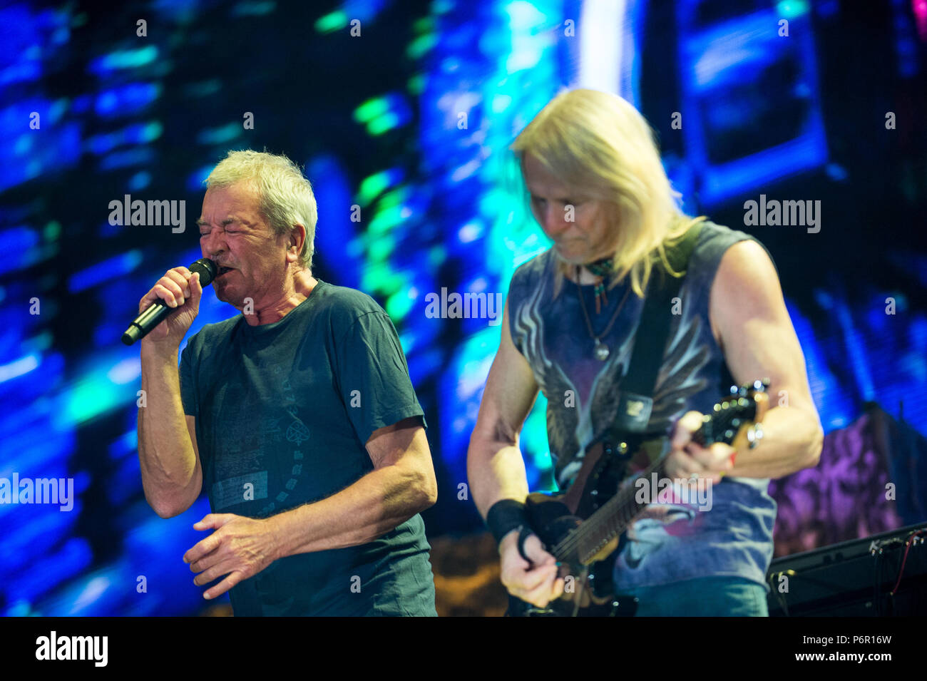 Deep Purple vocalist, Ian Gillan and Deep Purple guitar player, Steve Morse perform. Deep purple band performs at Tauron Arena Krakow as part of the farewell tour, The Long Goodbye Tour. Stock Photo