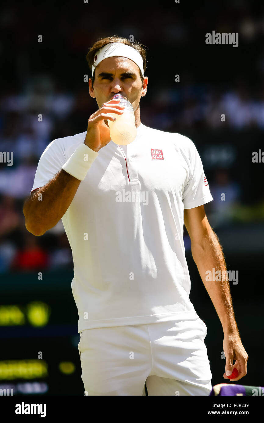 London, UK, 2nd July 2018: Roger Federer of Switzerland wears japanese  brand clothing from his new outfitter Uniqlo during Day 1 at the Wimbledon  Tennis Championships 2018 at the All England Lawn