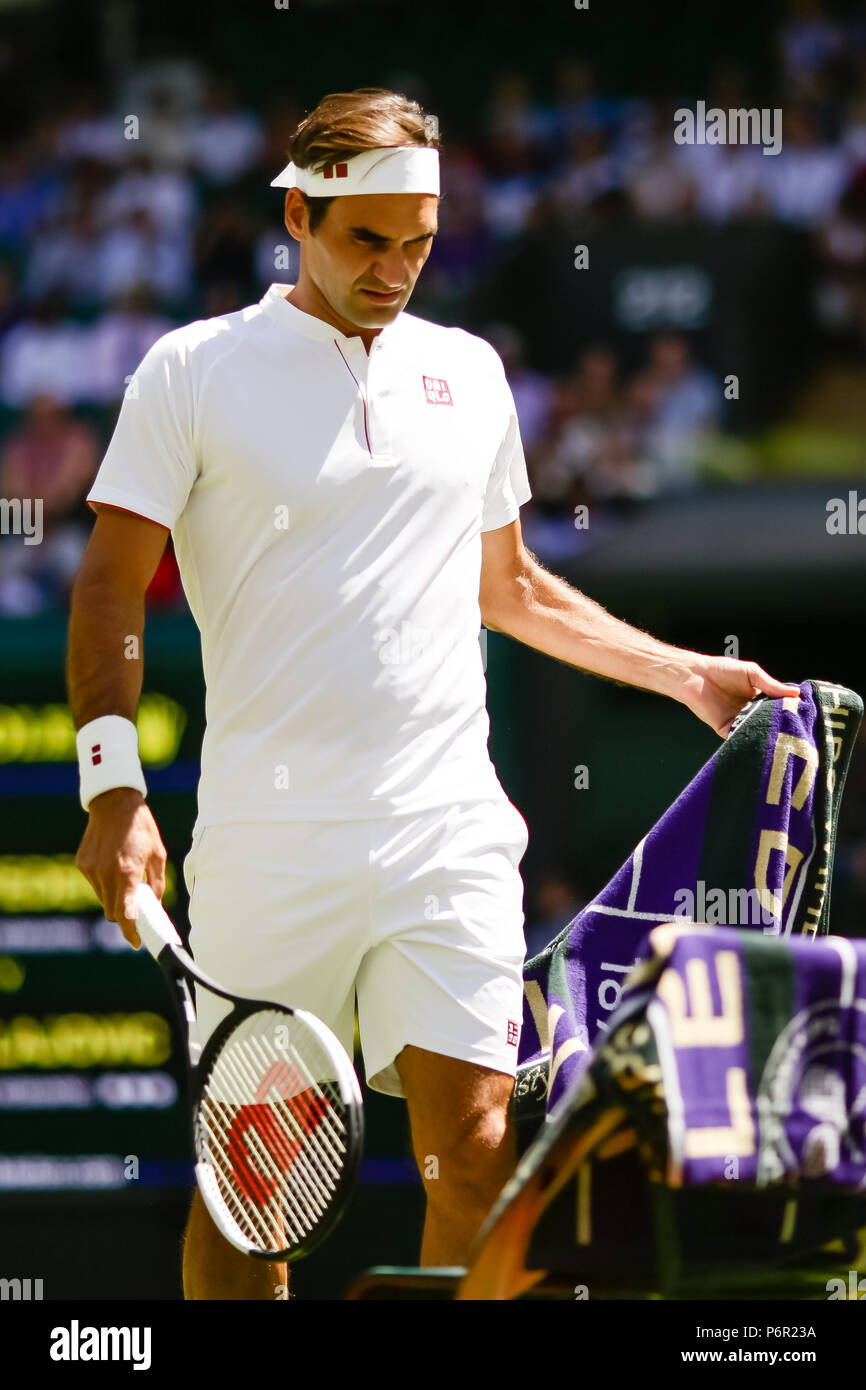 London, UK, 2nd July 2018: Roger Federer of Switzerland wears japanese  brand clothing from his new outfitter Uniqlo during Day 1 at the Wimbledon  Tennis Championships 2018 at the All England Lawn