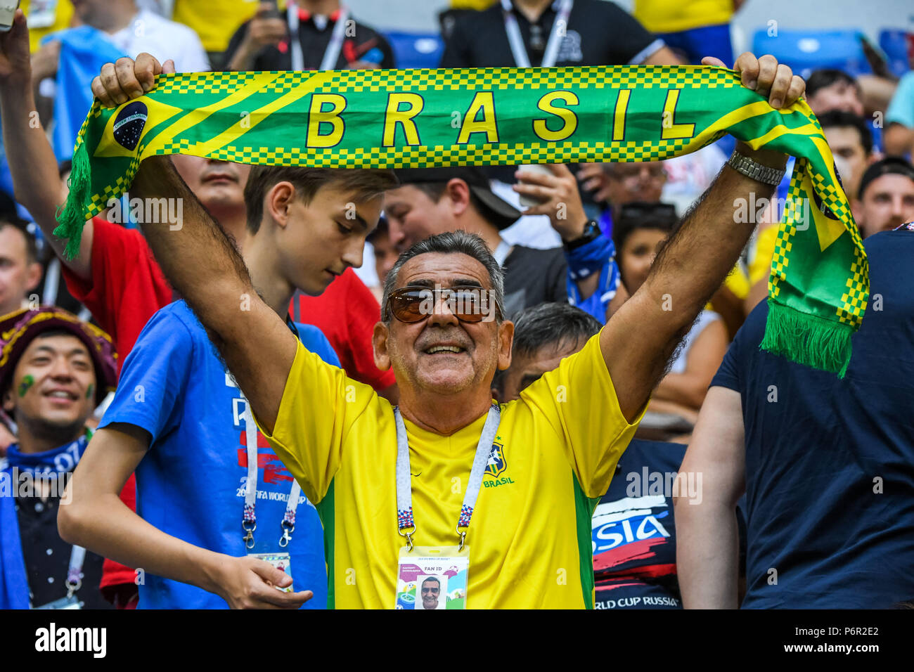 Samara Arena, Samara, Russia. 2nd July, 2018. FIFA World Cup Football, Round of 16, Brazil versus Mexico; Brazilian fan showing his support Credit: Action Plus Sports/Alamy Live News Stock Photo