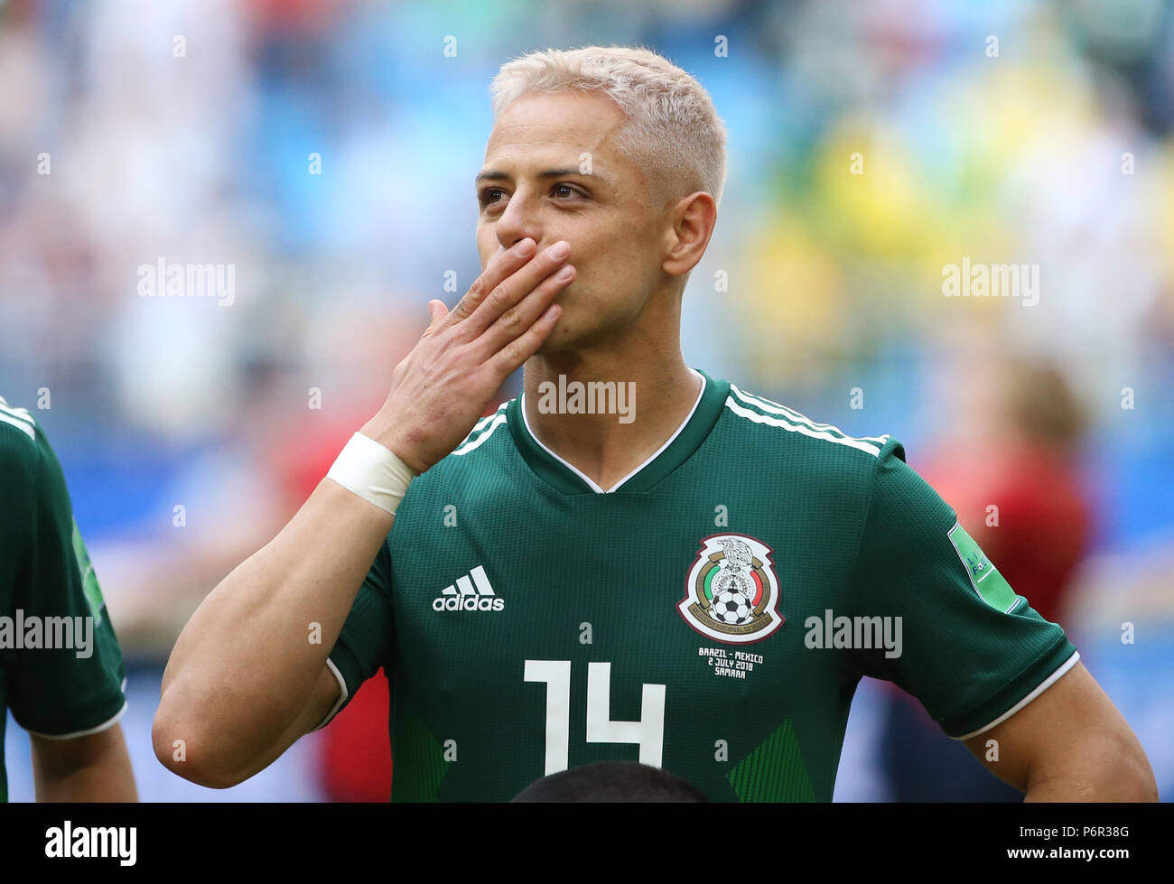 Samara, Russia. 2nd July, 2018. Javier Hernandez of Mexico is seen prior to the 2018 FIFA World Cup round of 16 match between Brazil and Mexico in Samara, Russia, July 2, 2018. Credit: Li Ming/Xinhua/Alamy Live News Stock Photo