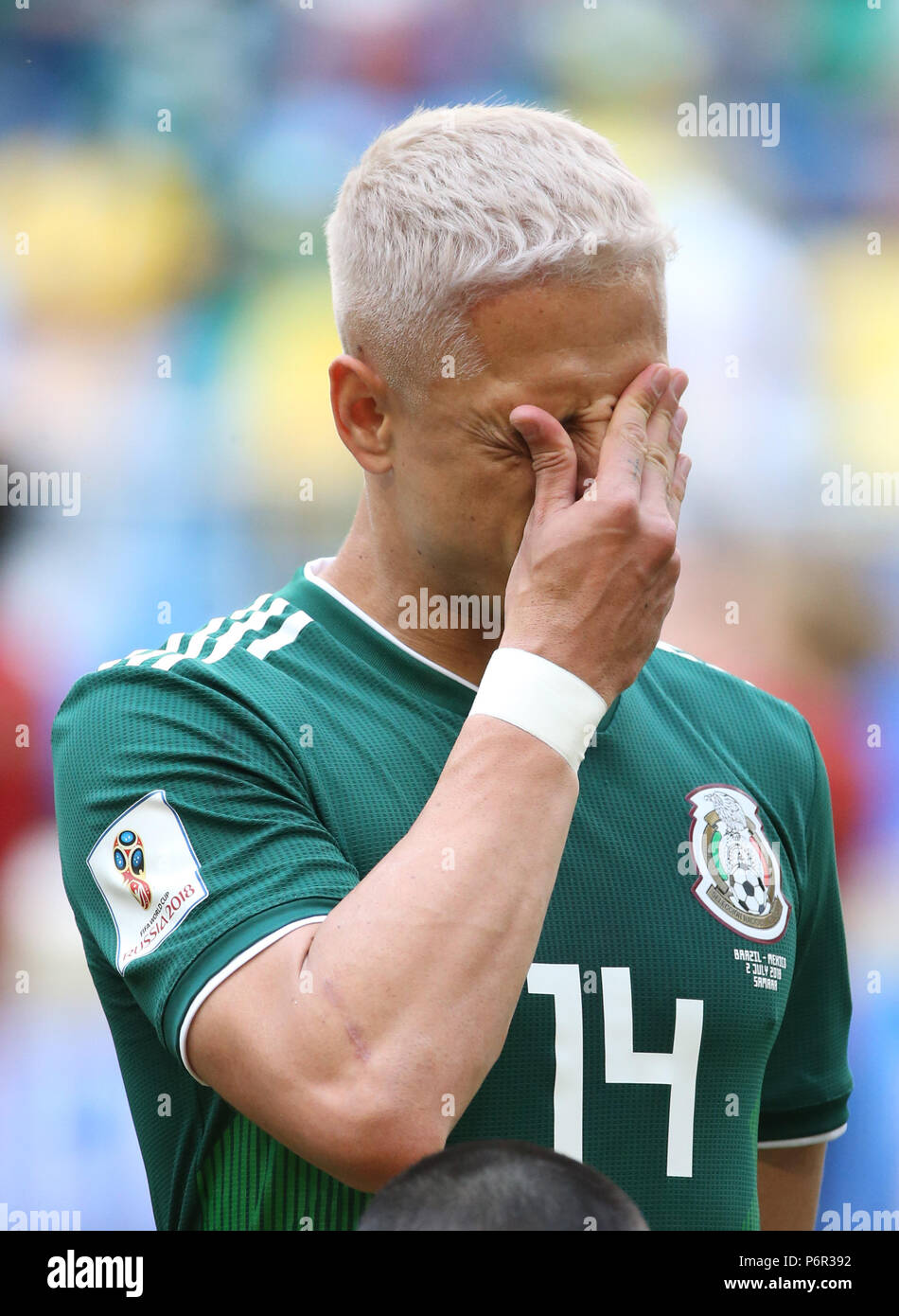 Samara, Russia. 2nd July, 2018. Javier Hernandez of Mexico is seen prior to the 2018 FIFA World Cup round of 16 match between Brazil and Mexico in Samara, Russia, July 2, 2018. Credit: Li Ming/Xinhua/Alamy Live News Stock Photo