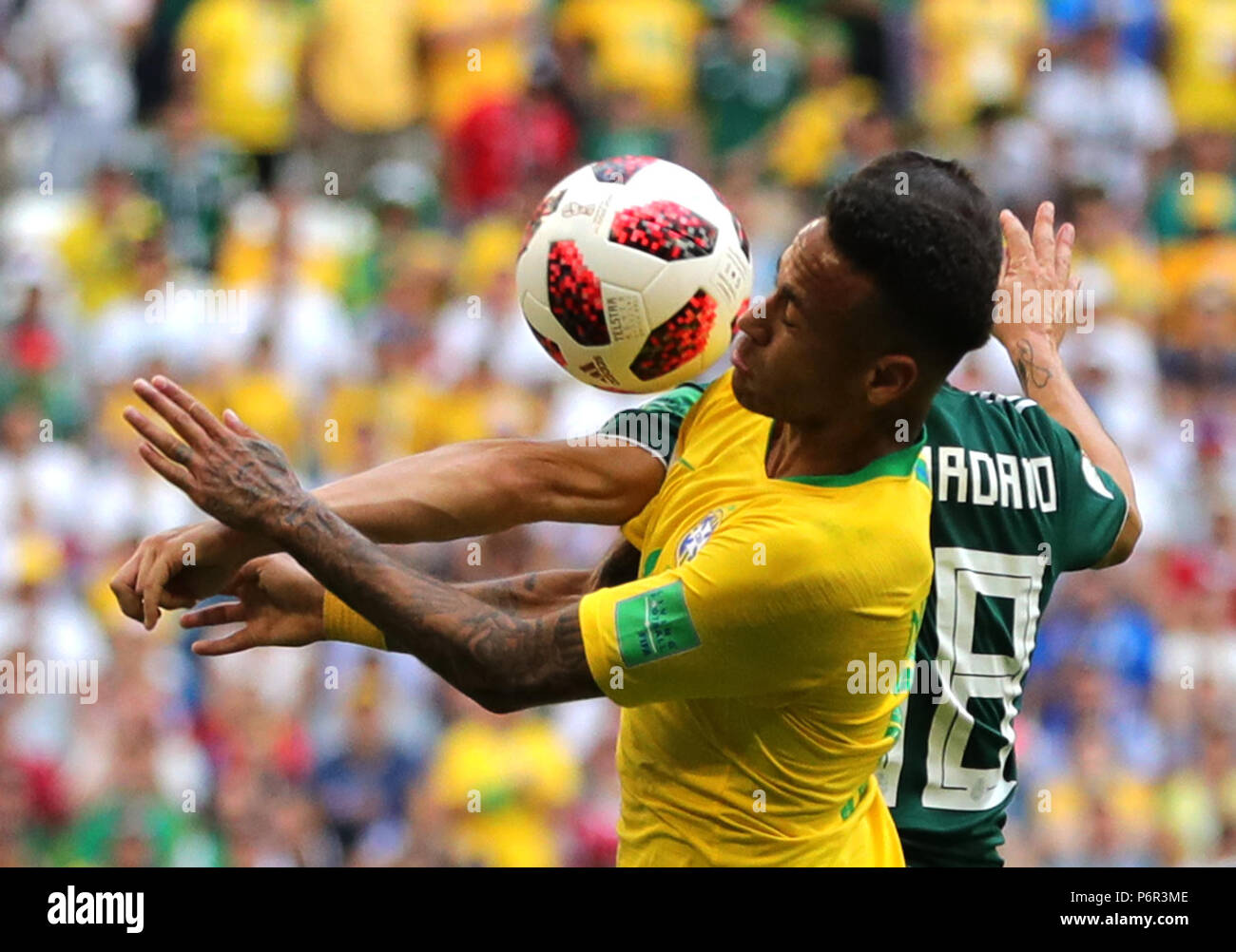 Samara, Russia. 02nd July, 2018. Soccer, World Cup 2018, Final Round - Round of 16: Mexico vs. Brazil at the Samara Stadium: Brazil's Neymar and Mexico's Andres Guardado (R) vying for the ball. Credit: Christian Charisius/dpa/Alamy Live News Stock Photo