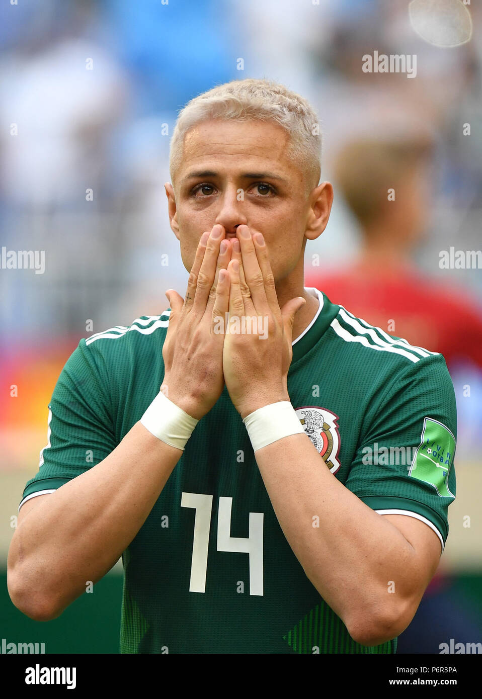 Samara, Russia. 2nd July, 2018. Javier Hernandez of Mexico is seen prior to the 2018 FIFA World Cup round of 16 match between Brazil and Mexico in Samara, Russia, July 2, 2018. Credit: Li Ga/Xinhua/Alamy Live News Stock Photo