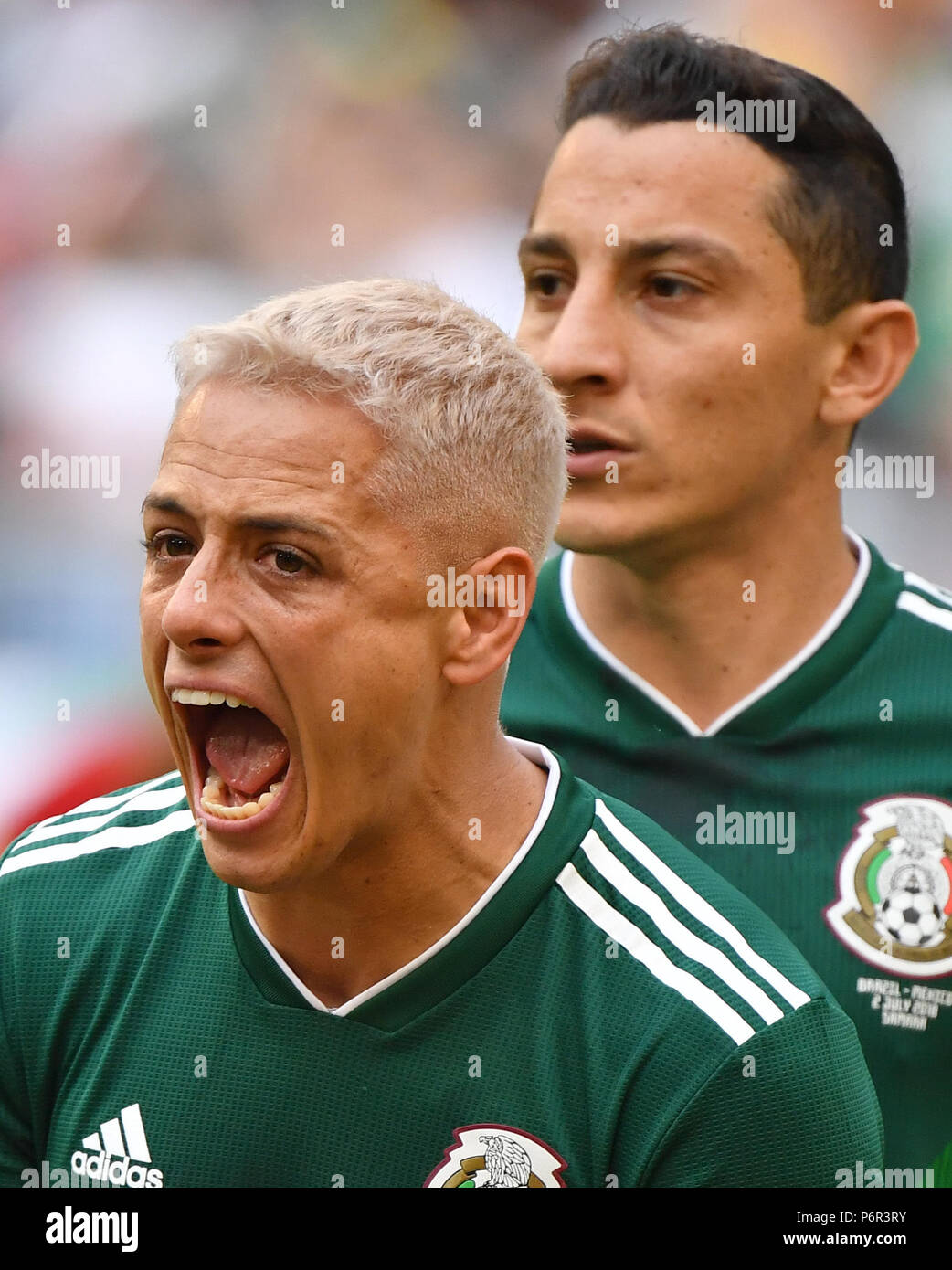 Samara, Russia. 2nd July, 2018. Javier Hernandez (L) of Mexico cheers prior to the 2018 FIFA World Cup round of 16 match between Brazil and Mexico in Samara, Russia, July 2, 2018. Credit: Li Ga/Xinhua/Alamy Live News Stock Photo