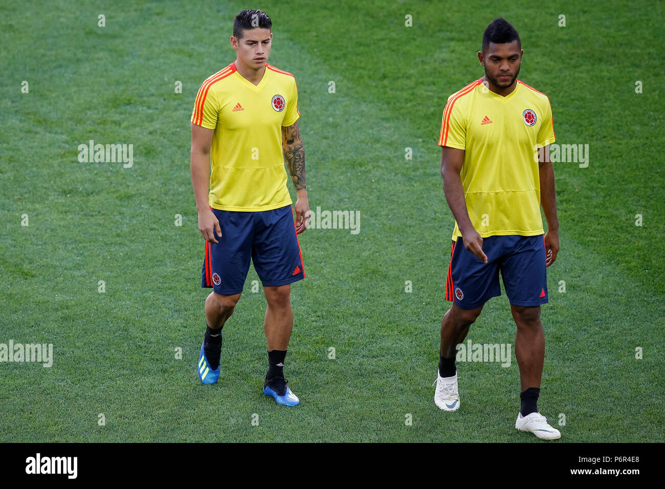 Moscow, Russia. 2nd July 2018. James Rodriguez of Colombia (left) during a Colombia training session, prior to their 2018 FIFA World Cup Round of 16 match against England, at Spartak Stadium on July 2nd 2018 in Moscow, Russia. Credit: PHC Images/Alamy Live News Stock Photo