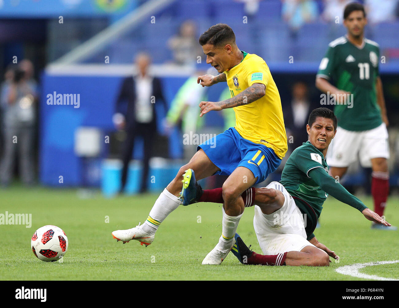 SAMARA, SA - 02.07.2018: BRAZIL VS. MEXICO - Philippe Coutinho of Brazil and Hugo AYALA of Mexico during the match between Brazil and Mexico, valid for the eighth round of the 2018 World Cup held at the Samara Arena in Samara, Russia. (Photo: Rodolfo Buhrer/La Imagem/Fotoarena) Stock Photo