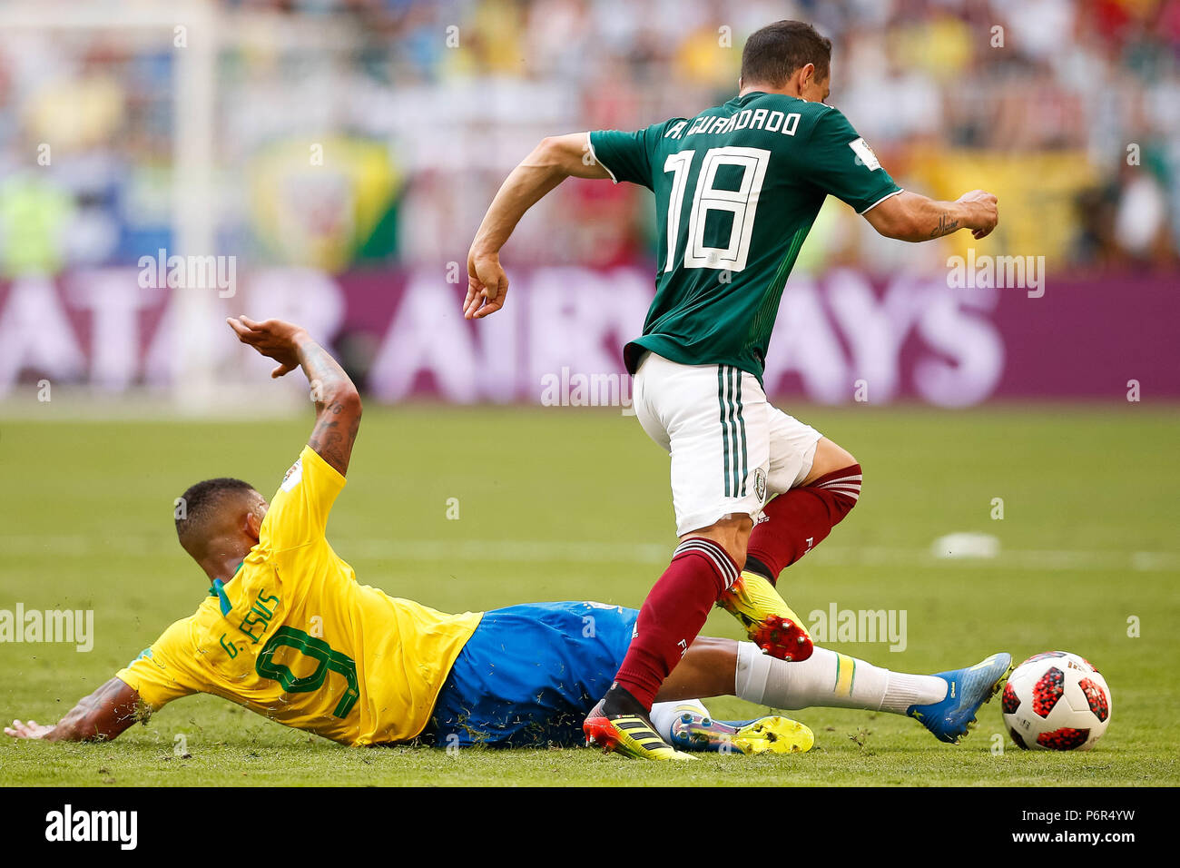 SAMARA, SA - 02.07.2018: BRAZIL VS. MEXICO - Gabriel Jesus do Brasil plays the ball with Andres Guardado of Mexico during the match between Brazil and Mexico, valid for the round of 16 of the 2018 World Cup held at the Samara Arena in Samara, Russia. (Photo: Marcelo Machado de Melo/Fotoarena) Stock Photo