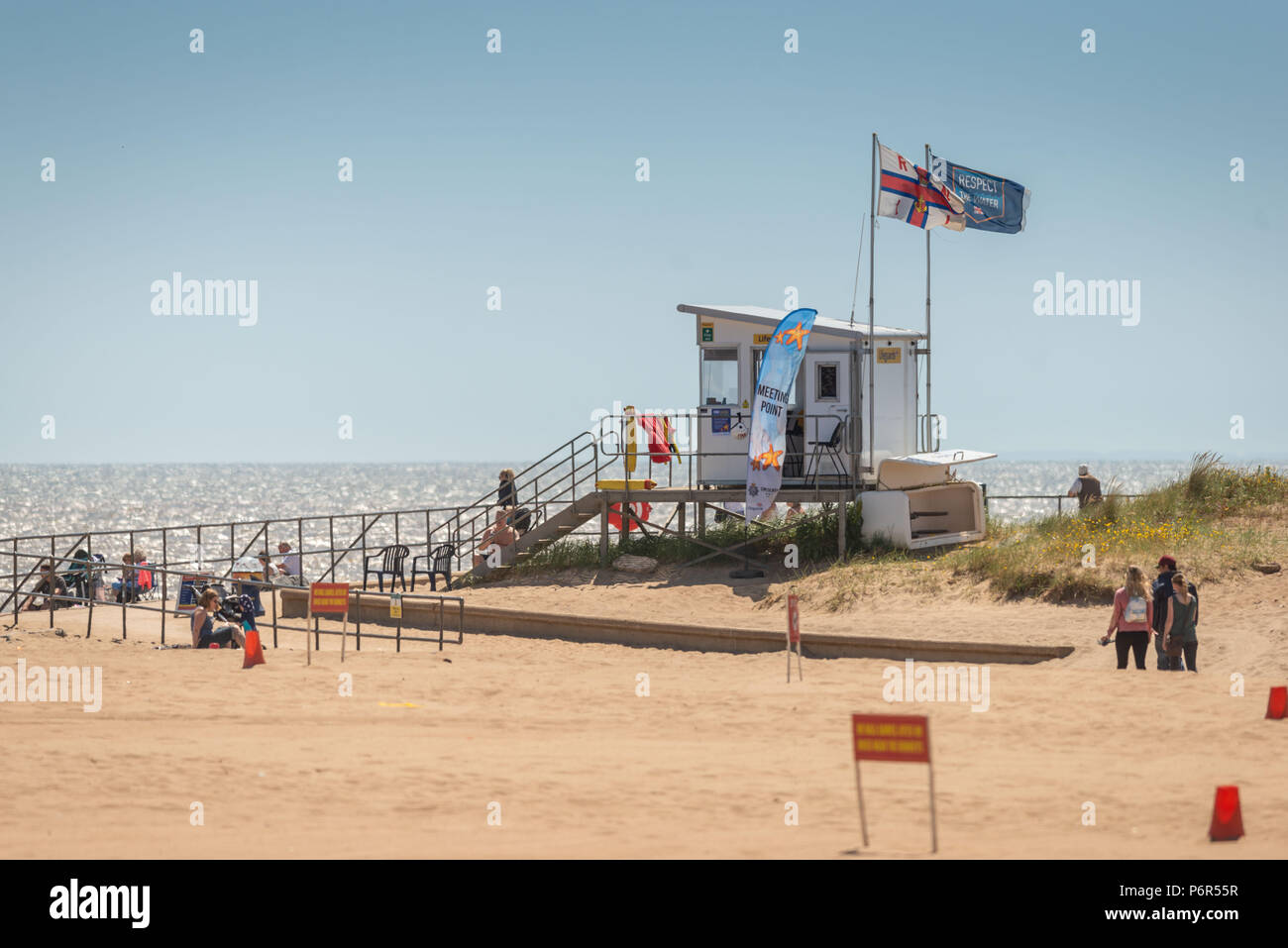 Skegness, UK. 2nd July 2018. The RNLI life guard hut on Skegness beach looking more like it should be in California as the current heatwave continues to bring temperatures as high as 30 degrees to the UK. Credit: Steven Booth/Alamy Live News. Stock Photo