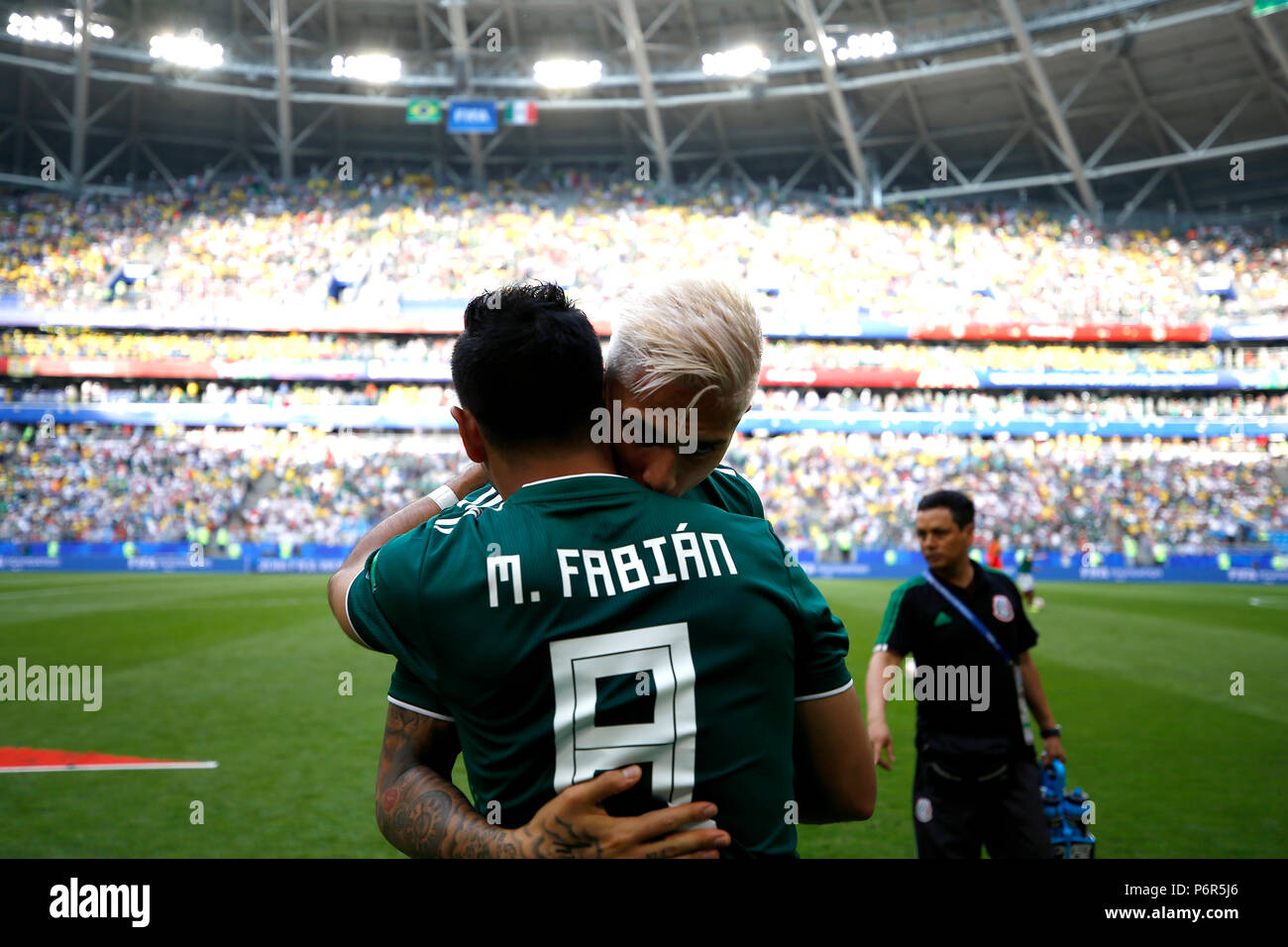 SAMARA, SA - 02.07.2018: BRAZIL VS. MEXICO - Marco FABIAN of Mexico and Carlos SALCEDO during the match between Brazil and Mexico, valid for the eighth round of the 2018 World Cup held at the Samara Arena in Samara, Russia. (Photo: Rodolfo Buhrer/La Imagem/Fotoarena) Stock Photo