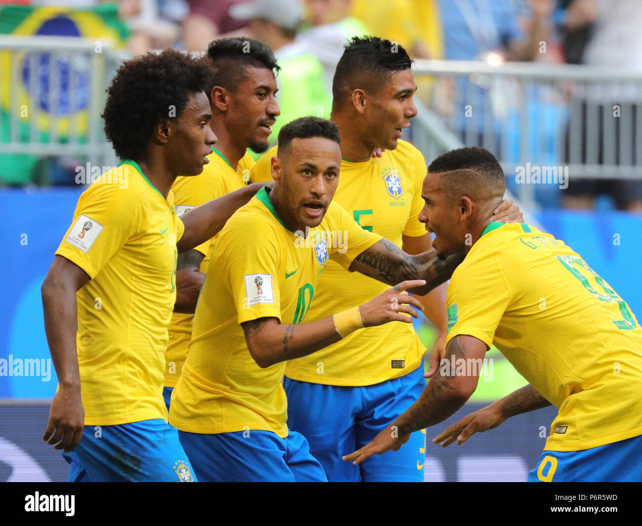 Samara, Russia. 02nd July, 2018. Soccer, World Cup 2018, Final round - round of 16: Mexico vs. Brazil at the Samara stadium: Brazil's Neymar celebrating his scoring of the opening goal with teammates. Credit: Christian Charisius/dpa/Alamy Live News Stock Photo