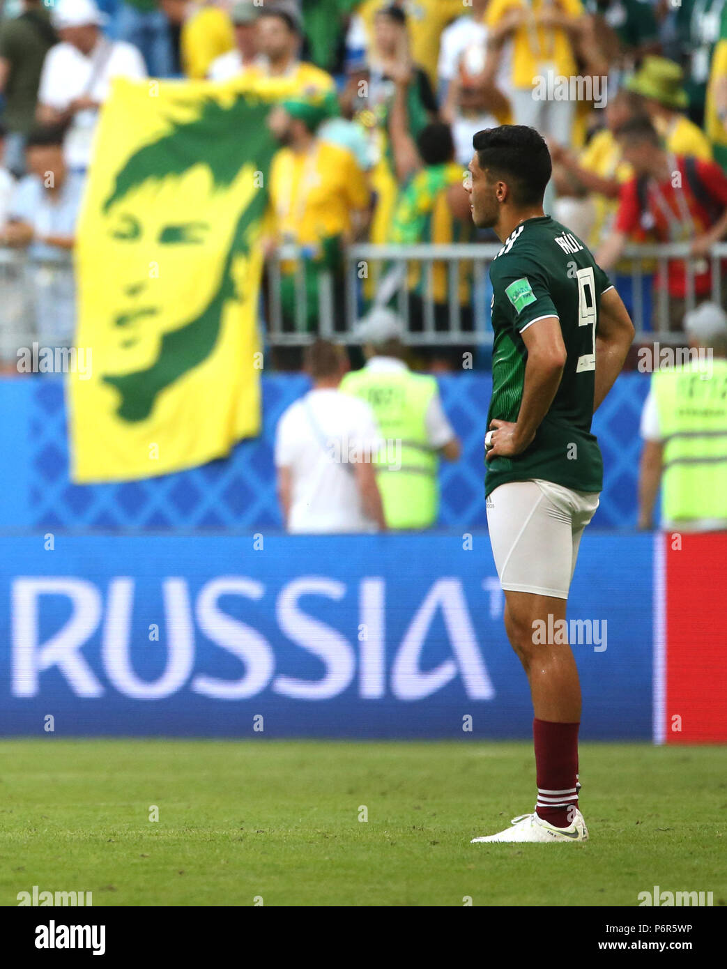 Samara, Russia. 2nd July, 2018. Raul Jimenez of Mexico is seen after the 2018 FIFA World Cup round of 16 match between Brazil and Mexico in Samara, Russia, July 2, 2018. Brazil won 2-0 and advanced to the quarter-final. Credit: Li Ming/Xinhua/Alamy Live News Stock Photo