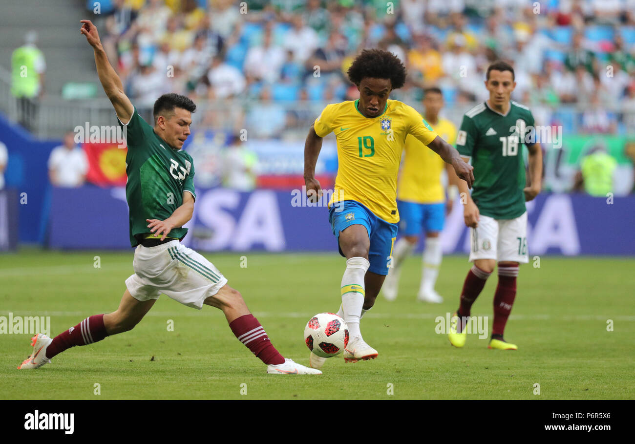 Samara Russia 02nd July 2018 Soccer World Cup 2018 Final Round Round Of 16 Mexico Vs Brazil At The Samara Stadium Brazil S Willian C And Mexico S Hirving Lozano Vying For The