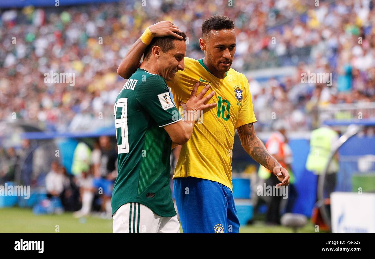 SAMARA, SA - 02.07.2018: BRAZIL VS. MEXICO - Andres Guardado of Mexico and Neymar Jr. of Brazil during the match between Brazil and Mexico valid for the eighth round of the 2018 World Cup held at the Samara Arena in Samara, Russia. (Photo: Marcelo Machado de Melo/Fotoarena) Stock Photo